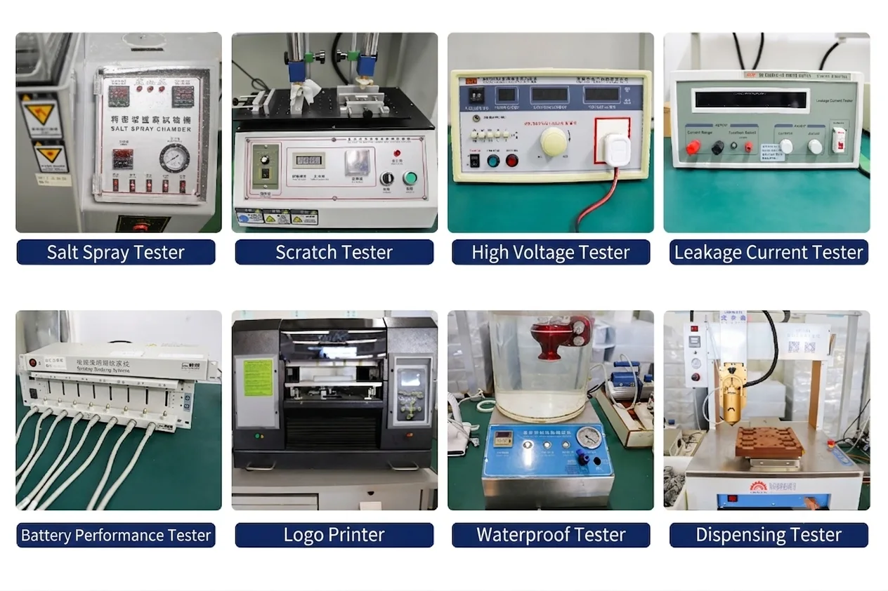 Professional laboratory testing equipment for beauty devices including salt spray test, scratch test, high voltage test, and leakage current test