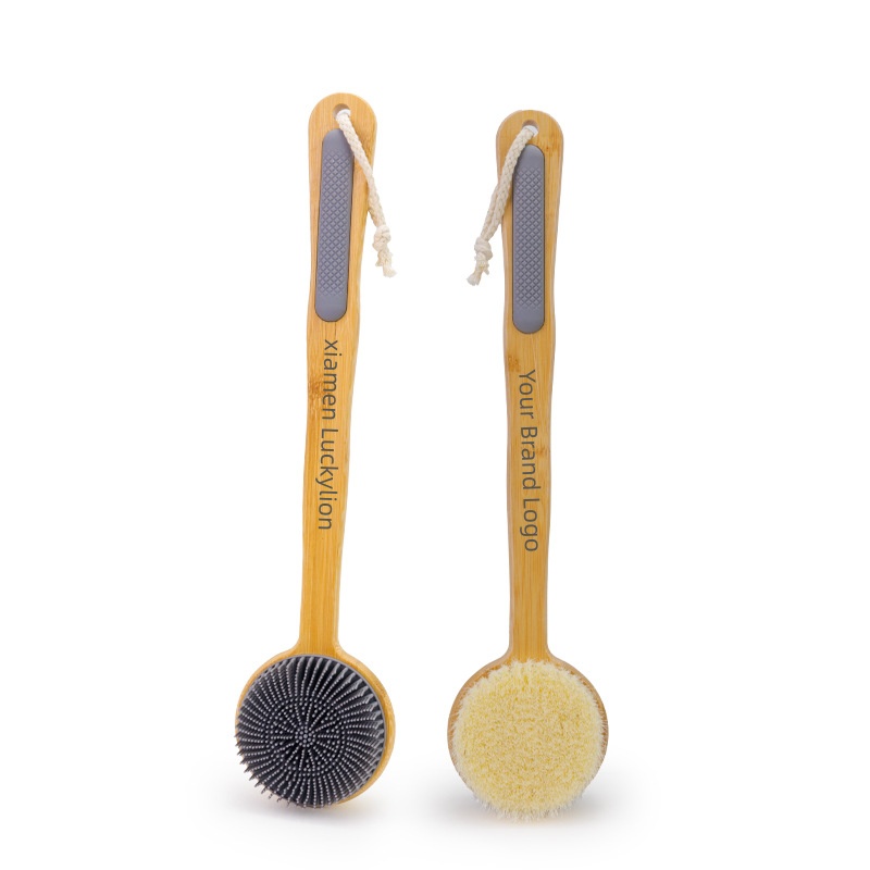 XS3002 Long Bamboo Handle Shower Back Brush Double Sided Silicone & Natural Bristle Exfoliating Body scrubber Dry Wet Use XS4001