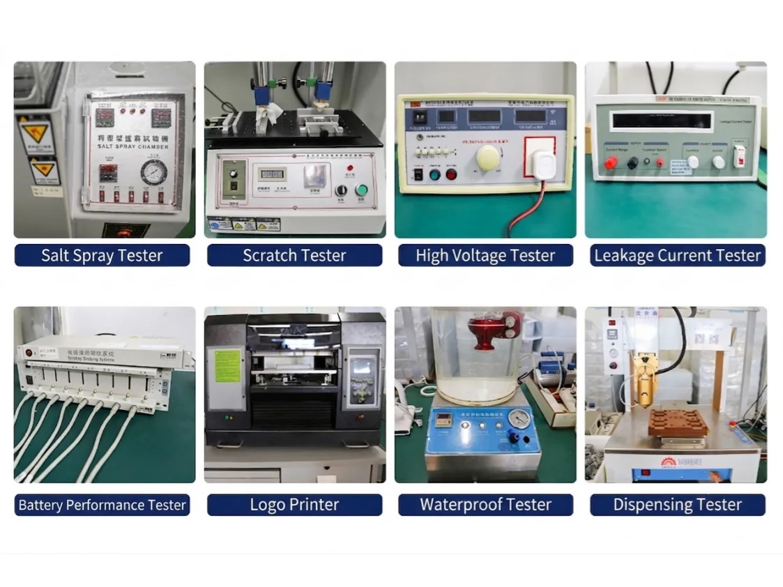 Professional laboratory testing equipment for beauty devices including salt spray test, scratch test, high voltage test, and leakage current test