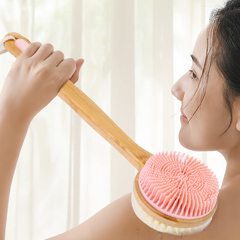 Bamboo Long Handle Shower Back Brush Double Sided Body Exfoliating scrubber
