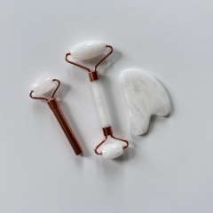 OEM Natural Rose Quartz Jade Facial Roller Gua Sha Set